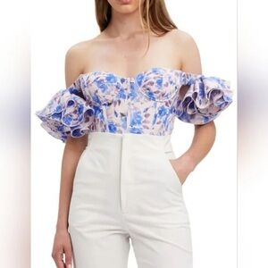 Bardot Off-Shoulder Floral Crop Top in Blue and Cream